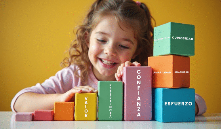 Niña construyendo su autoestima con bloques. Inteligencia emocional para niños. Fomentar la Autoestima en Niños de 8 a 11 Años. Girl building her self-esteem with blocks. Emotional intelligence for children. motivación y perseverancia